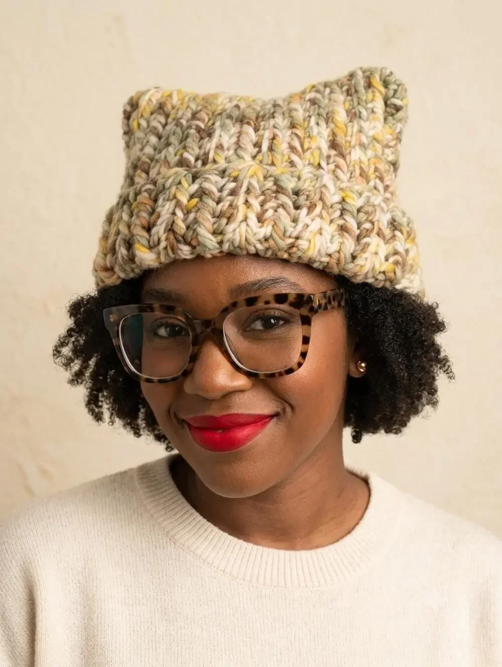 Handmade Chunky Knit Cat Ear Beanie Hat Earth Tones Sage Brown Warm
